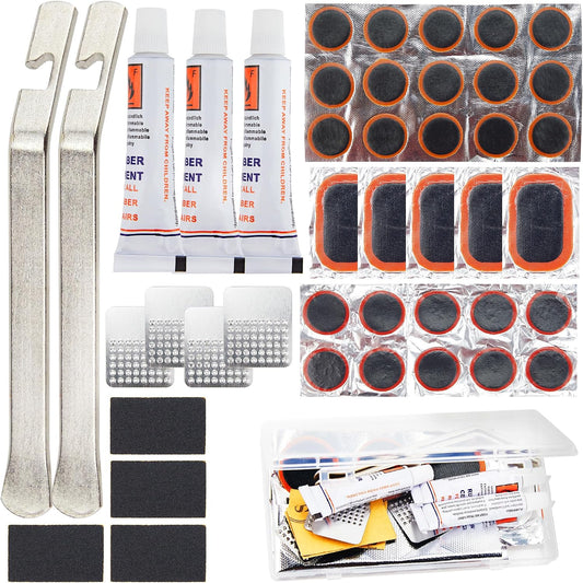 DDJ Bike Tire Repair Kit 43 PCS, Bicycle Inner Tube Puncture Patch Kits with 30 PCS Vulcanizing Parches, Metal Tire Lever & Rasp, Portable Bike Tire Patch Kit for MTB, Road Bike,Parches Para Bicicleta