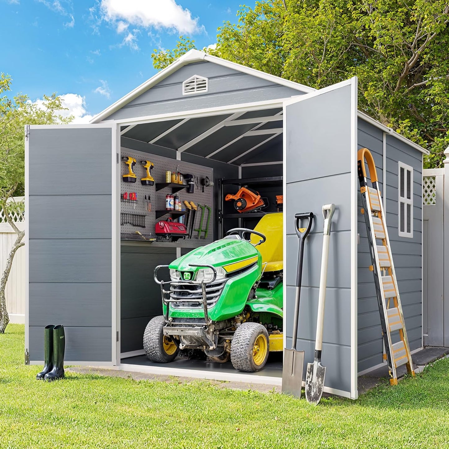 Gizoon 8x6 FT Outdoor Storage Shed with Floor, Resin Garden Tool Shed with Lockable Doors, Window, Vents, Reinforced Steel Frame, Waterproof Plastic Storage Sheds for Backyard, Patio, Lawn