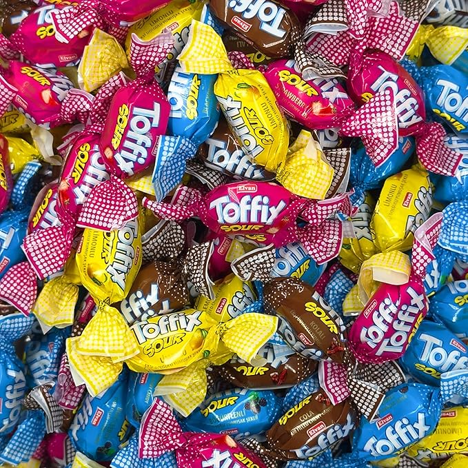 Toffix Sour Chews, Center-Filled Soft Chewy Candy, 250 Pieces of Individually Wrapped Snacks for Kids & Adults, Strawberry, Blueberry, Lemon & Cola Flavored Chewy Candies - 2 Pound Bulk Bag