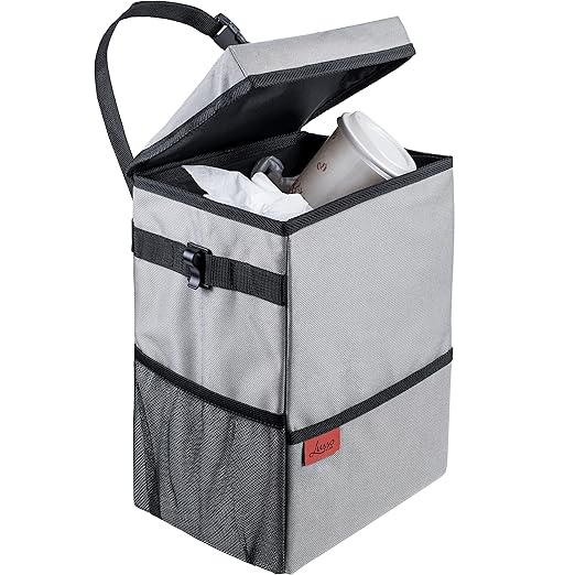Lusso Gear Spill-Proof Car Trash Can (3.5 Gallon) - Easy to Clean Hanging Garbage Bin - Leak-Proof Lid, Removable Liner, Waterproof - Keeps Truck, SUV, Car, Minivan Clean & Odor Free (Gray)