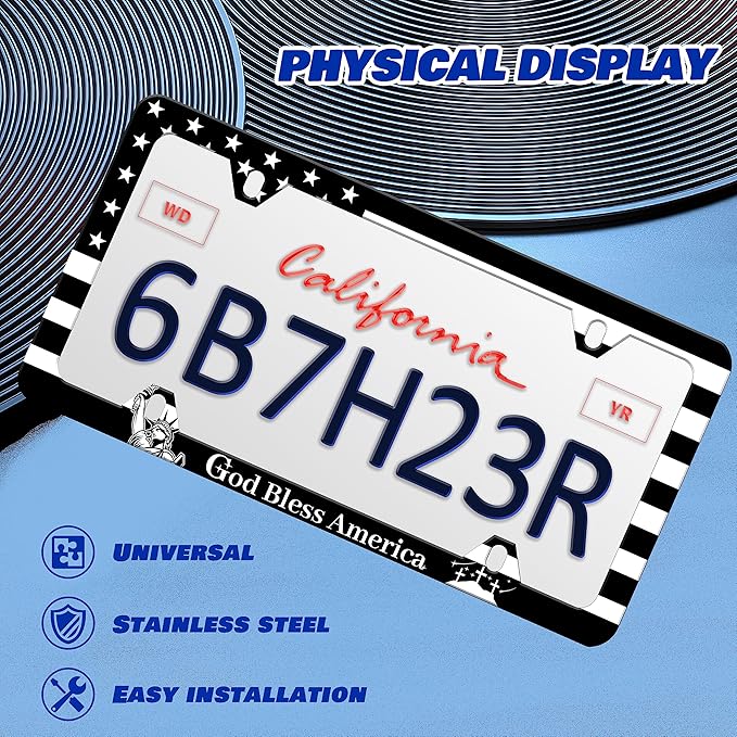 God Bless America License Plate Frame USA Flag License Plate Frames Personalise Stainless Steel Funny Design Compatible with Standard License Plate Holder for USA and Canada 6 X 12 with Screws