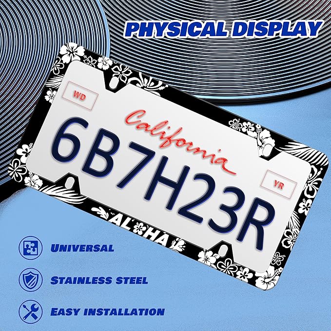 Aloha License Plate Frame Beautiful Hibiscus Flower License Plate Frames Personalise Stainless Steel Funny Design Compatible with Standard License Plate Holder for USA and Canada 6 X 12 with Screws