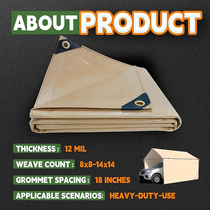 RAINDEWAY 10x12 Feet Heavy Duty Tarp,12 Mil Tan Waterproof Poly Tarp Cover,UV Resistant,Weatherproof,Durable,Multipurpose Tarps with Grommets and Reinforced Edges