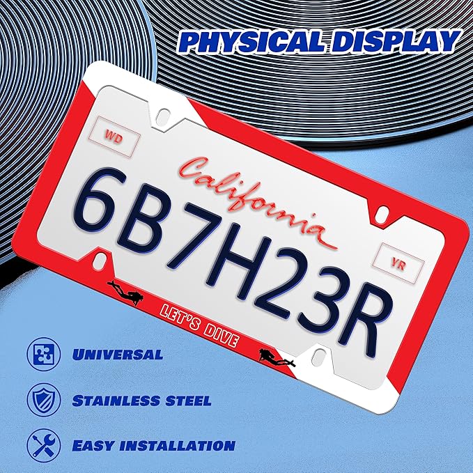 Let‘s Dive License Plate Frame Dive Flag License Plate Frames Personalise Stainless Steel Funny Design Compatible with Standard License Plate Holder for USA and Canada 6 X 12 with Screws