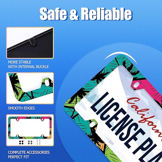Tropical Palm Trees License Plate Frame Colorful License Plate Stainless Steel Auto Parts Funny License Plate Decorative with Screws Size 12.3" x 6.3" for Men Women