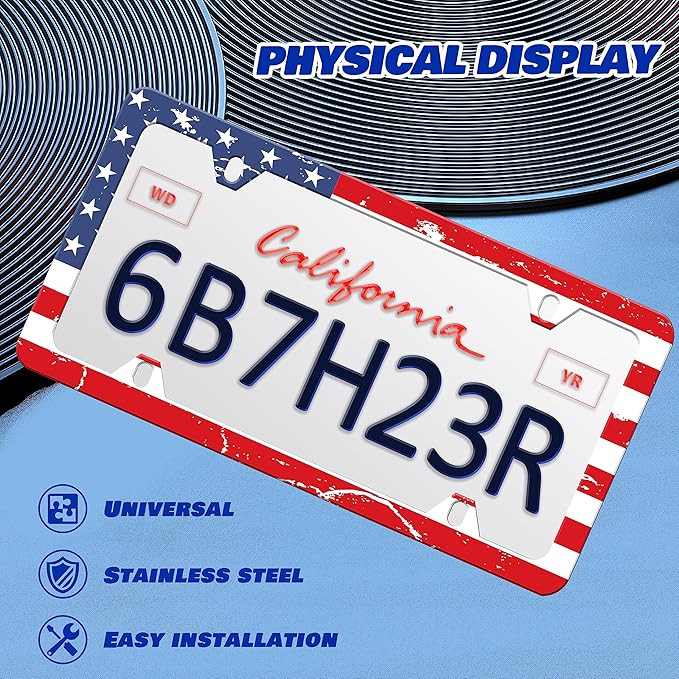 Vintage American Flag License Plate Frame Patriotic License Plate Frames Personalise Stainless Steel Funny Design Compatible with Standard License Plate Holder for USA and Canada 6 X 12 with Screws