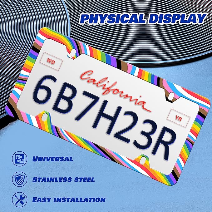 Gay License Plate Frame Rainbow LGBT License Plate Frames Personalise Stainless Steel Funny Design Compatible with Standard License Plate Holder for USA and Canada 6 X 12 with Screws