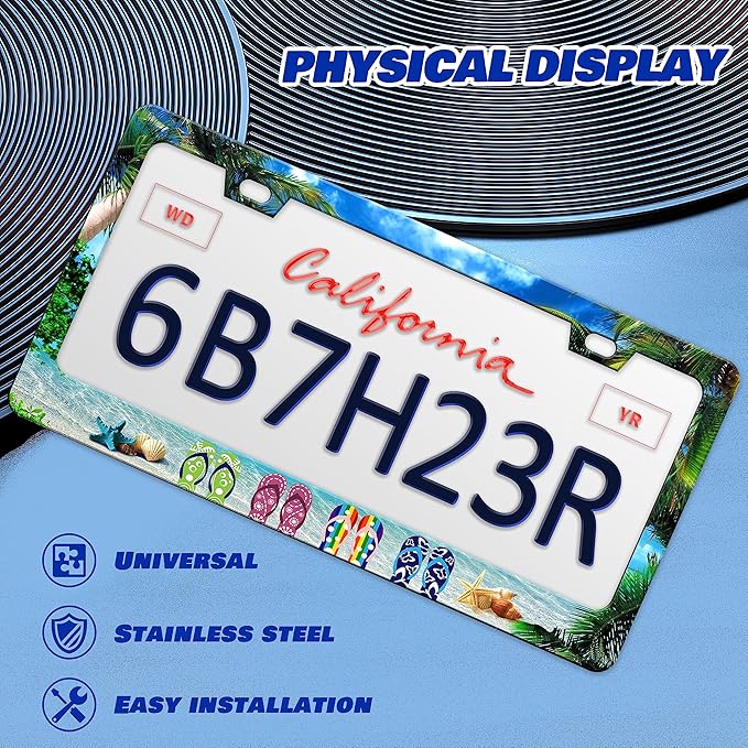 2 Pcs Sea Beach Slippers License Plate Frame Hawaiian Palm Tree License Plate Frames Personalise Stainless Steel Funny Design Compatible With Standard License Plate Holder For Usa And Canada 6 X 12 In