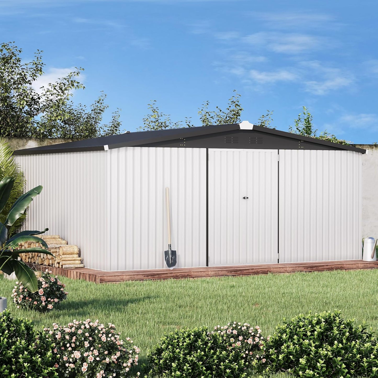 AECOJOY 14' x 12' Outdoor Storage Shed, Large 12x14 Metal Sheds & Outdoor Storage Clearance Steel Yard Shed with Lockable Doors, Utility Tool Storage Garden Shed for Backyard, Patio and Outside use
