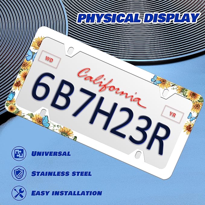 2 Pieces Blue Butterfly Sunflower License Plate Frame Funny License Plate Frames Personalise Stainless Steel Design Compatible with Standard License Plate Holder for USA and Canada 6 X 12 with Screws