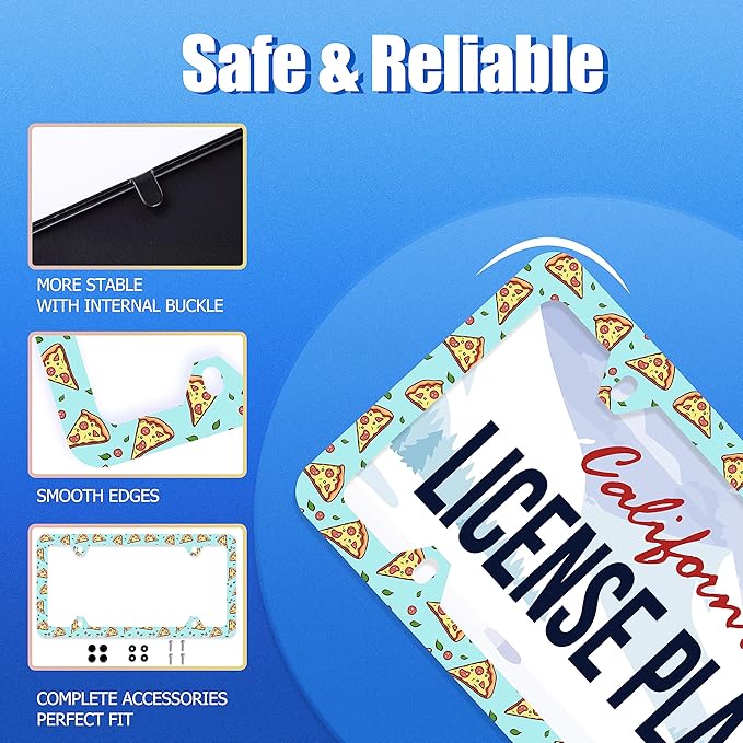 Pizza Slices License Plate Frame Lovely License Plate Stainless Steel Auto Parts Funny License Plate Decorative with Screws Size 12.3" x 6.3" for Women Men
