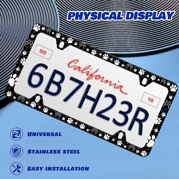 Dog Cat Paw License Plate Frame Pet License Plate Frames Personalise Stainless Steel Funny Design Compatible with Standard License Plate Holder for USA and Canada 6 X 12 with Screws
