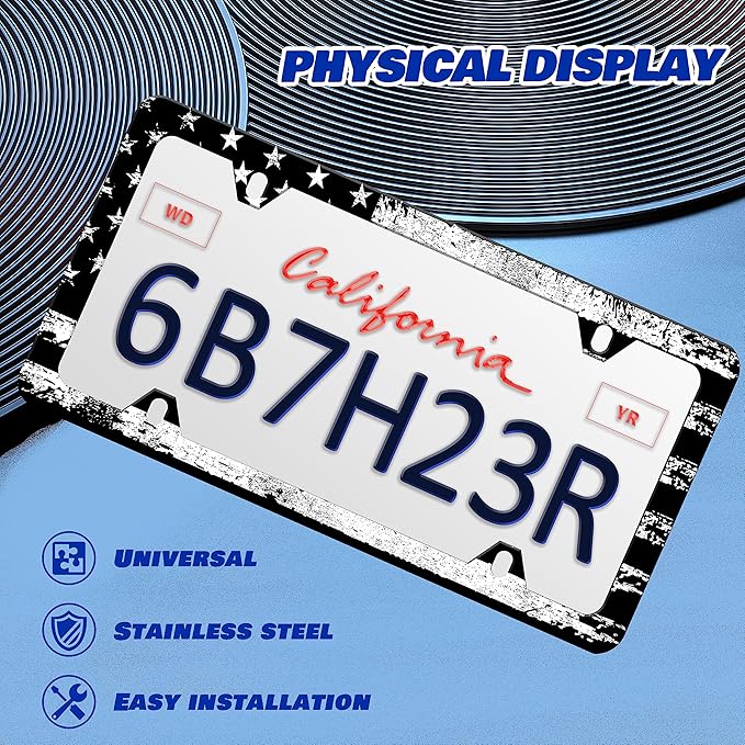 2 Pcs Vintage Black White American Flag License Plate Frame Patriotic Personalise Stainless Steel Funny Design Compatible with Standard License Plate Holder for USA and Canada 6 X 12 with Screws