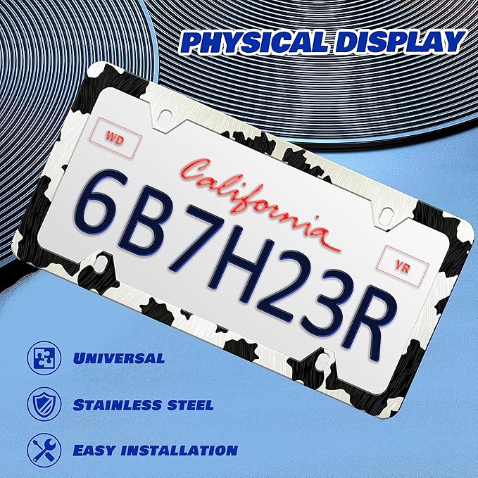 Cow Print License Plate Frame Animal License Plate Frames Personalise Stainless Steel Funny Design Compatible with Standard License Plate Holder for USA and Canada 6 X 12 with Screws