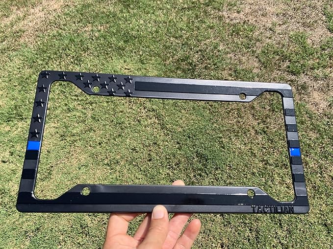 TACTILIAN American Flag License Plate Frame - Subdued 3D Embossed USA Flag in Black Gloss on Matte Finish for Car, Truck or SUV (Thin Blue Line)