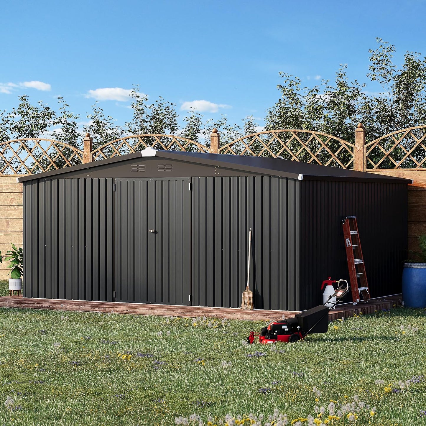 AECOJOY Shed 14' x 12' Storage Shed, Outdoor Metal Storage Sheds & Outdoor Storage 12x14 with Lockable Doors, Large Steel Yard Shed, Utility Tool Storage for Garden, Patio, Outside use in Dark Grey