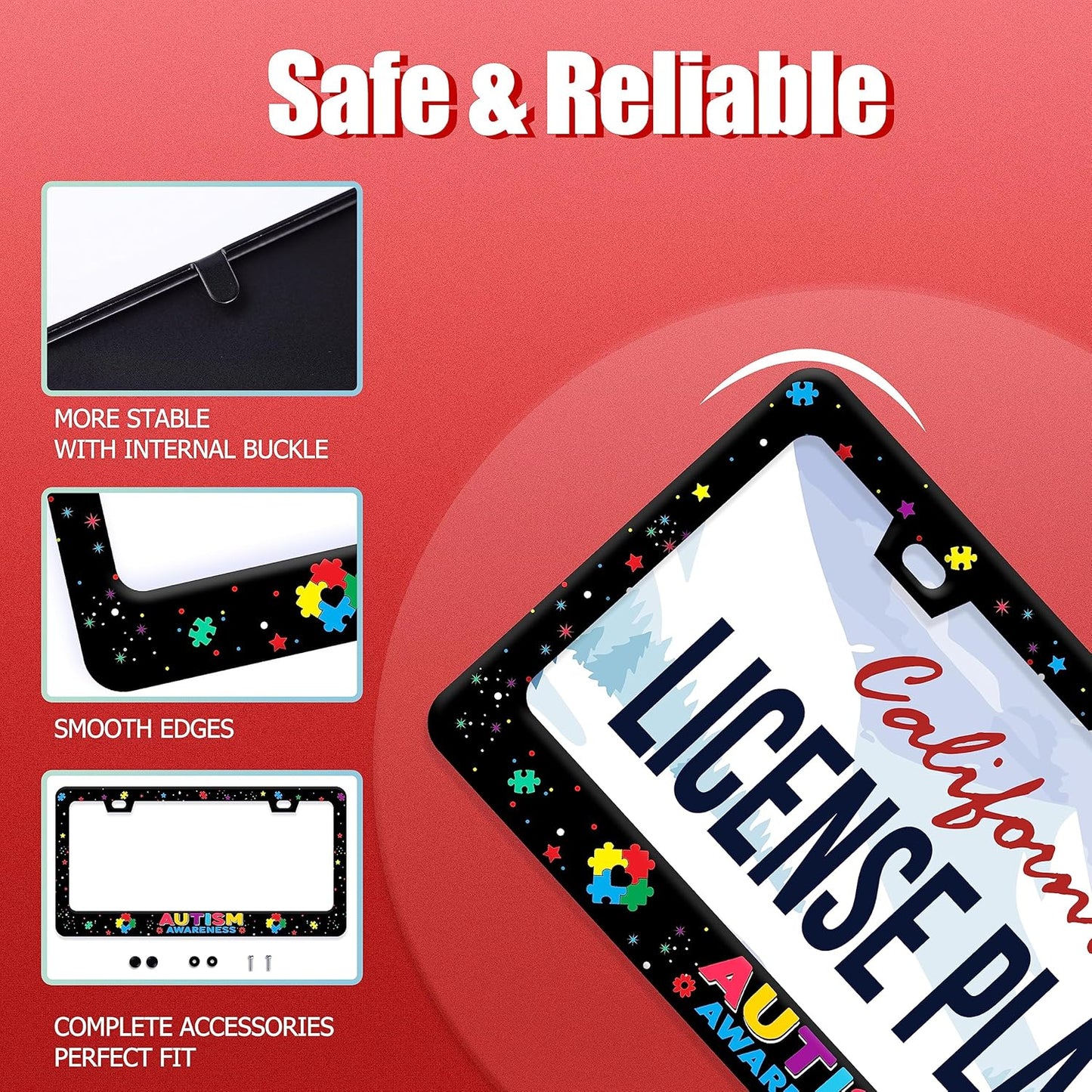 Autism Awareness License Plate Frame License Plate Stainless Steel Parts Colorful License Plate Decorative with Screws Size 12.3" x 6.3" Men Women