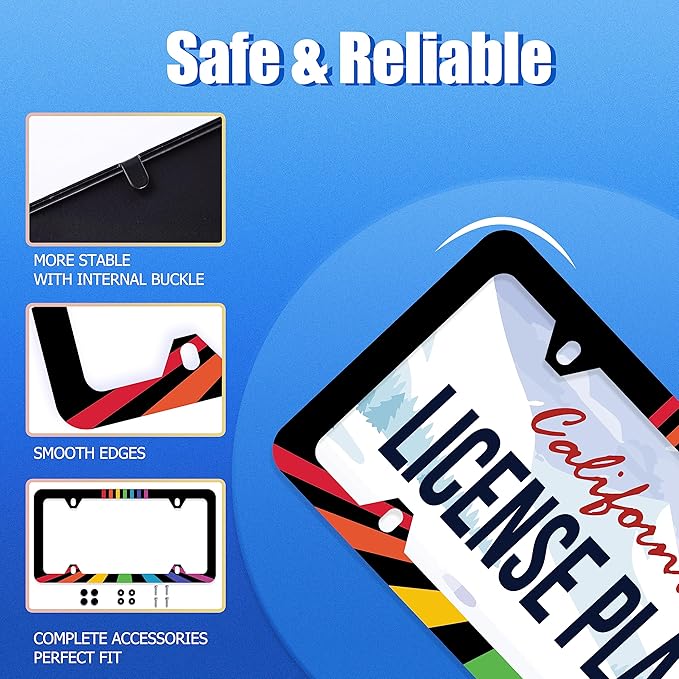Rainbow Lines License Plate Frame LGBT Flag Gay Lesbian License Plate Stainless Steel Auto Parts Funny License Plate Decorative with Screws Size 12.3" x 6.3" for Women Men