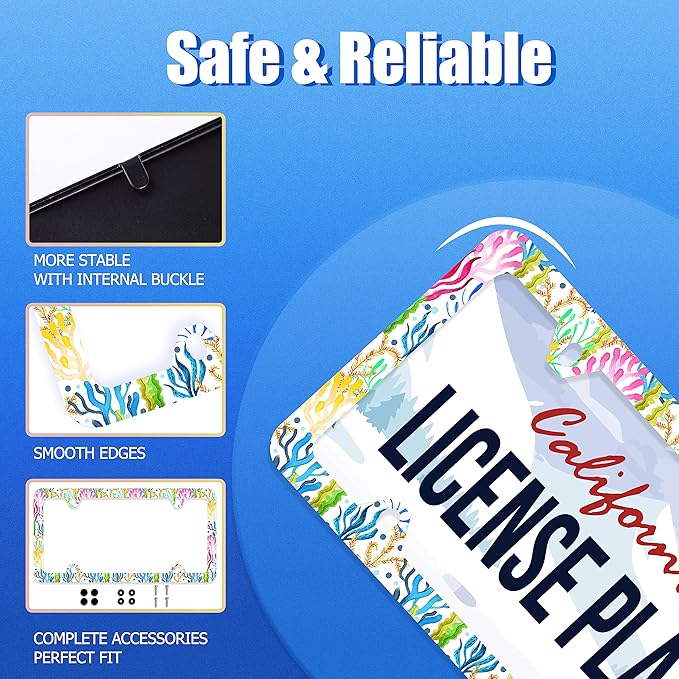 Colorful Corals Flag License Plate Frame License Plate Stainless Steel Auto Parts Funny License Plate Decorative with Screws Size 12.3" x 6.3" for Men Women