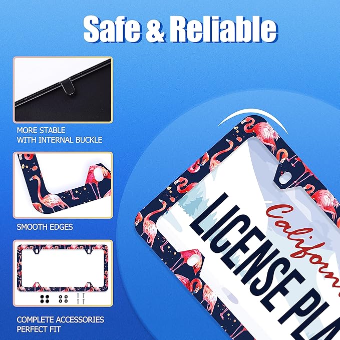 Flamingos License Plate Frame Lovely Pink License Plate Stainless Steel Auto Parts Funny License Plate Decorative with Screws Size 12.3" x 6.3" for Women Men