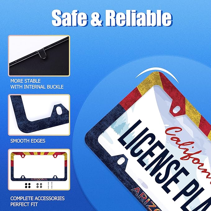 Arizona State Flag License Plate Frame License Plate Stainless Steel Auto Parts Colorful License Plate Decorative with Screws Size 12.3" x 6.3" for Men Women