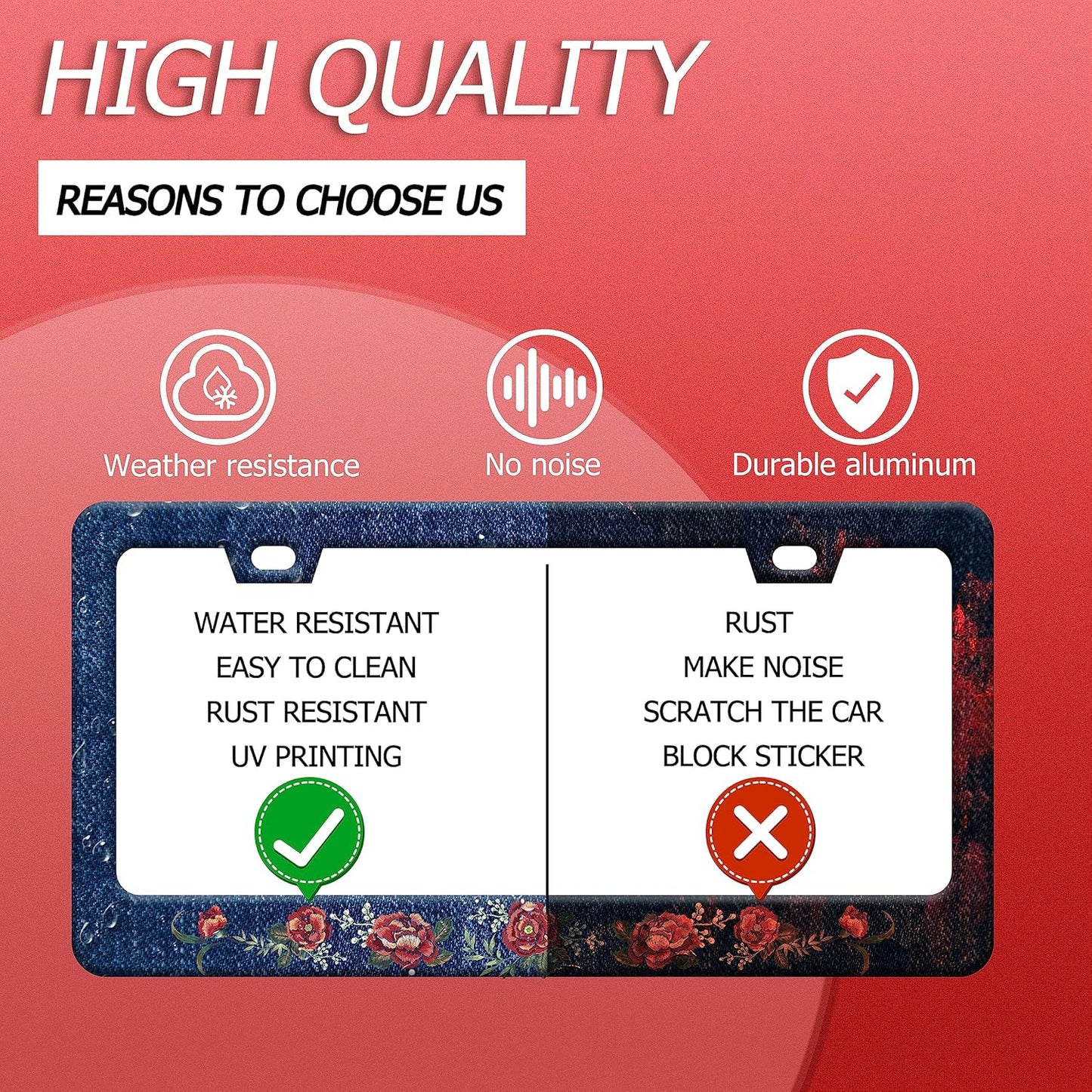 Flower Blue Jean Design License Plate Frame Personalized License Plate Stainless Steel Parts Funny License Plate Decorative with Screws Size 12.3" x 6.3" Men Women