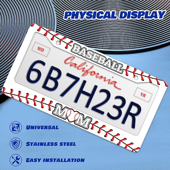 2 Pcs Baseball Mom License Plate Frame Ball Texture License Plate Frames Personalise Stainless Steel Funny Design Compatible with Standard License Plate Holder for USA and Canada 6 X 12 Inch