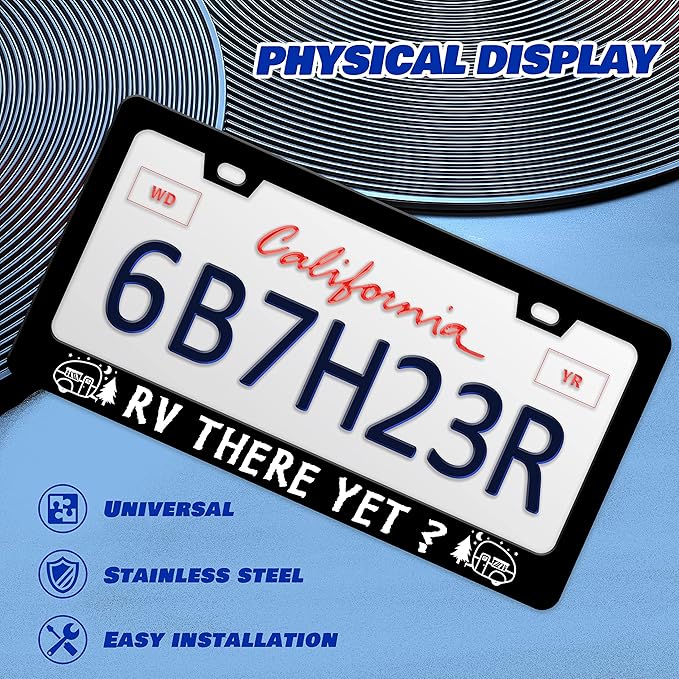 2 Pcs Rv There Yet License Plate Frame Camping License Plate Frames Personalise Stainless Steel Funny Design Compatible with Standard License Plate Holder for USA and Canada 6 X 12 Inches with Screws