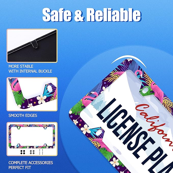 Flamingo Flower Palm Trees License Plate Frame Stainless Steel Auto Parts Colorful Tropical License Plate Decorative with Screws Size 12.3" x 6.3"