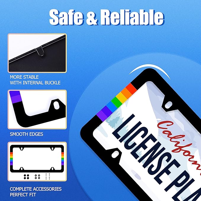 Rainbow Lines License Plate Frame LGBT Flag Gay Lesbian License Plate Stainless Steel Auto Parts Funny License Plate Decorative with Screws Size 12.3" x 6.3" for Women Men