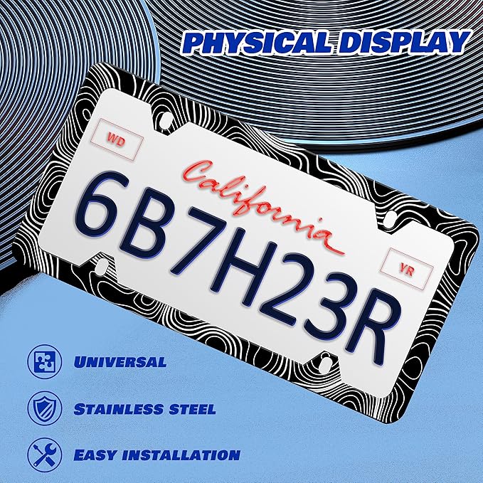 Topographic Map License Plate Frame Topography License Plate Frames Personalise Stainless Steel Funny Design Compatible with Standard License Plate Holder for USA and Canada 6 X 12 with Screws