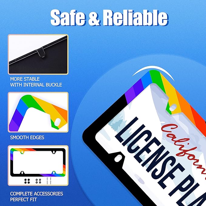 Rainbow Lines License Plate Frame LGBT Flag Gay Lesbian License Plate Stainless Steel Auto Parts Funny License Plate Decorative with Screws Size 12.3" x 6.3" for Women Men